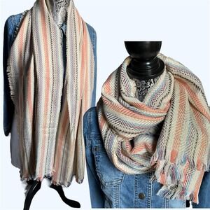 Woven striped Scarf Shawl gold Metallic Threads Fringe Cream neutrals wool blend